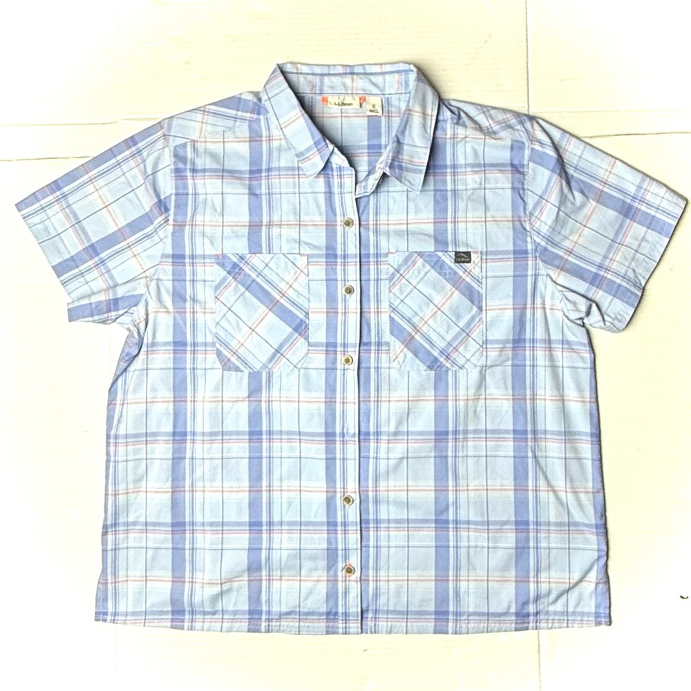 L.L. Bean Men's Medium Regular Short Sleeve Polyester Casual Shirt Blue Plaid
